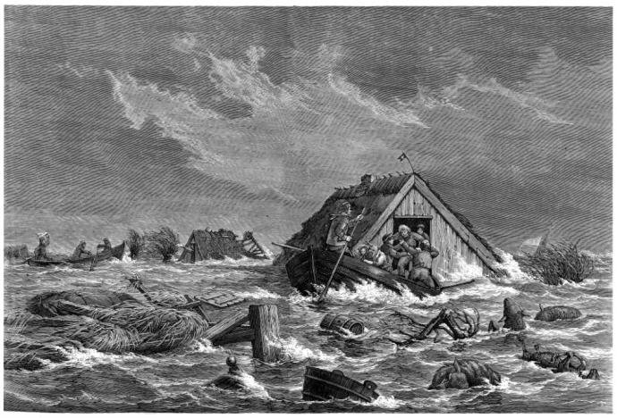 Láland 1872 í stormflóði. Teikningin birtist fyrst í Illustreret Tidende.
