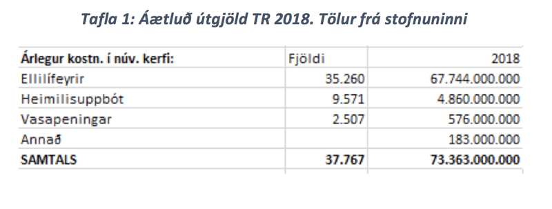 Tafla 1: Áætluð útgjöld TR 2018. Tölur frá stofnuninni.