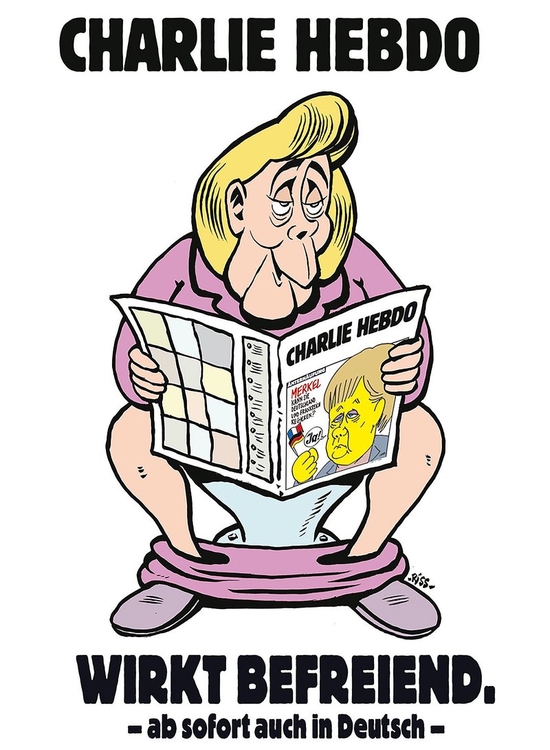 „Charlie Hebdo frelsar“. Merkel á klósettinu les Charlie Hebdo.