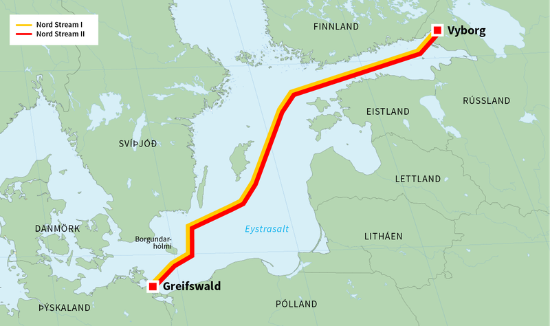 Nord Stream gasleiðslan verður löng og mikil, og liggur milli Vyborg og Greifswald.