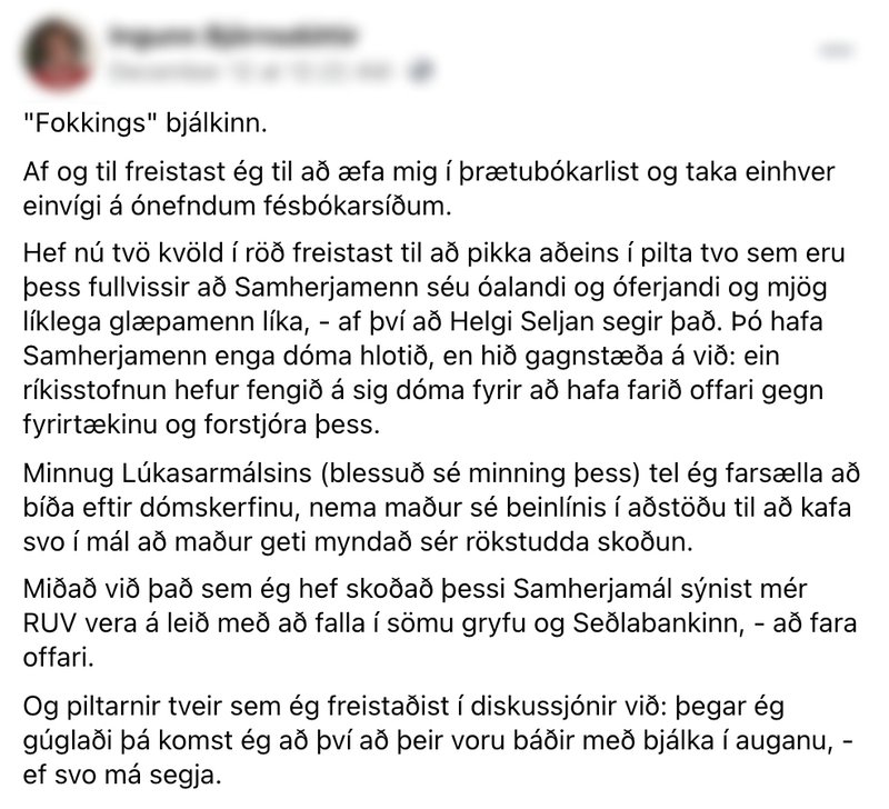 Facebook-færsla um RÚV og Samherja Mynd: Skjáskot/Facebook