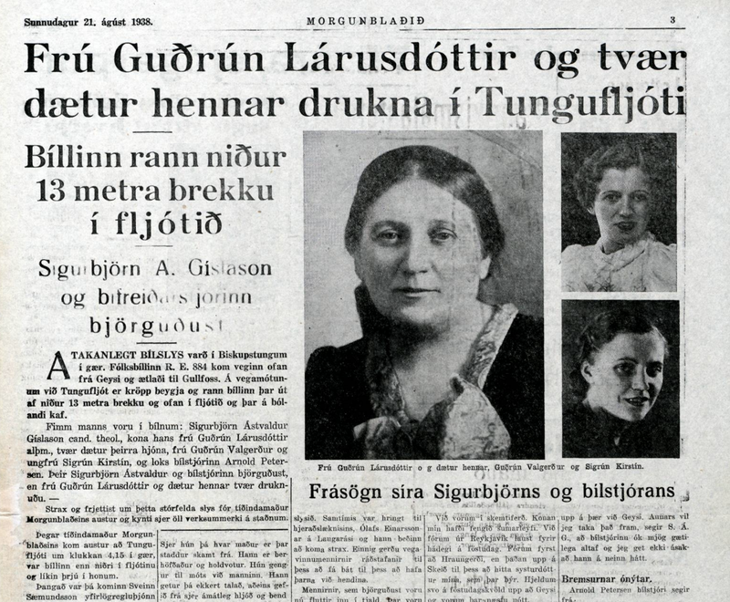 Fréttir af andláti Guðrúnar Lárusdóttur 21. ágúst 1938.