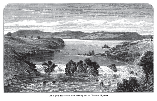 Teikning af Ripon-fossunum við upptök Nílar, líklega frá því um aldamótin 1900.