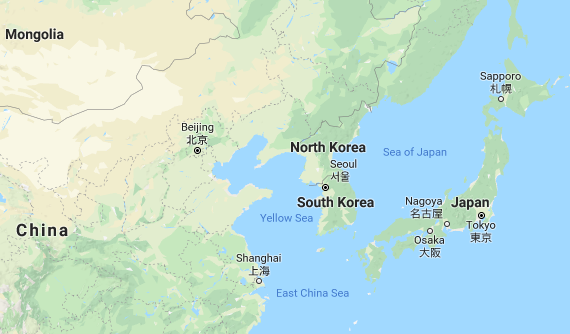 Kort af Kóreuskaganum, Kína og Japan.