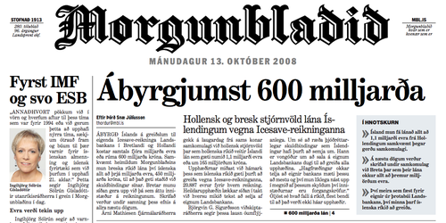 Forsíða Morgunblaðsins 13. október 2008. MYND/Skjáskot