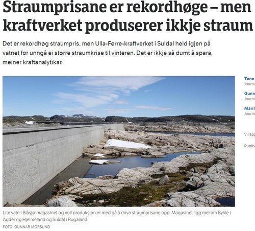 Lítið vatn í Blásjó og engin raforkuframleiðsla vegna þurrkanna í sumar. Skjáskot af NRK