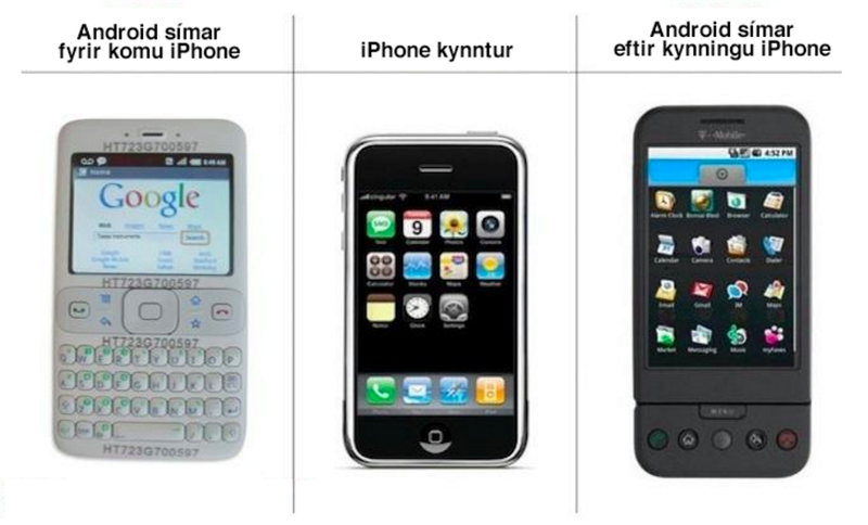 Android og iPhone-símar fyrir áratug.