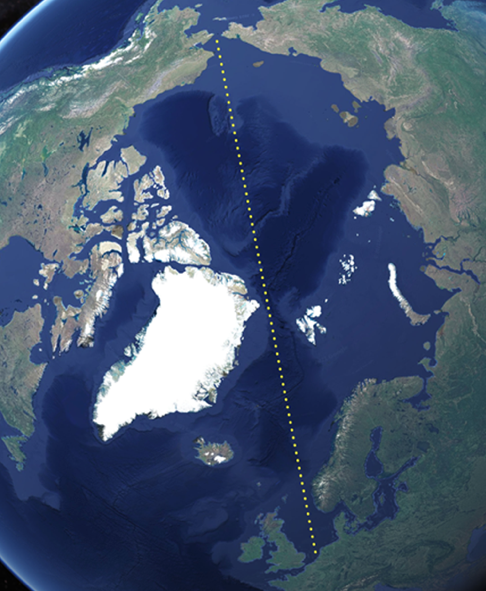 Leiðin frá Bering-sundi um norðurskautið til Rotterdam er um 3.740 sjómílna löng. Úr Google Earth.