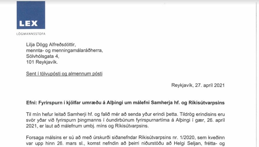 Skjáskot af bréfi lögmanns Samherja til Lilju Alfreðsdóttur. brefLex123213.JPG