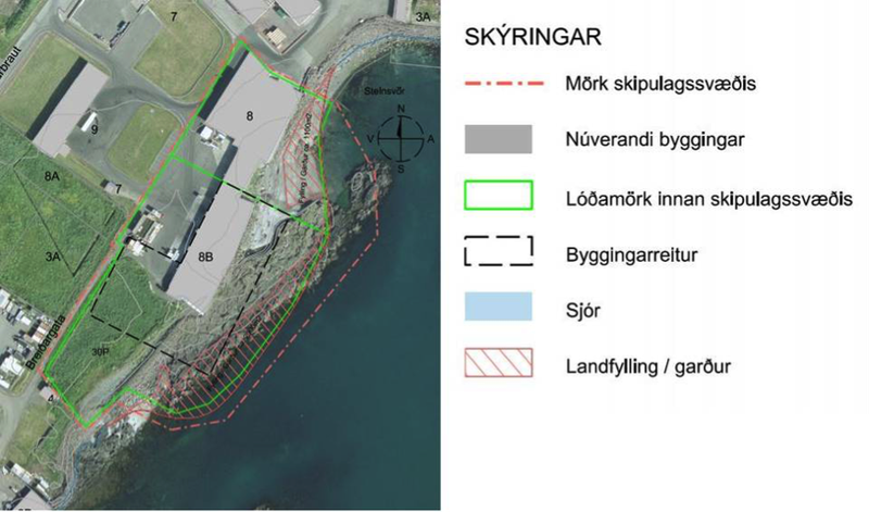 Breytingartillaga sýnd á loftmynd – Skýringarmynd úr deiliskipulagi Breiðarsvæðisins