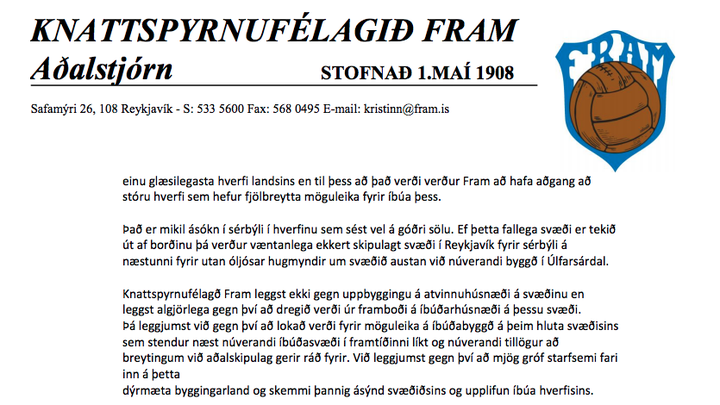 Brot af umsögn Fram til skipulagsyfirvalda í Reykjavík.