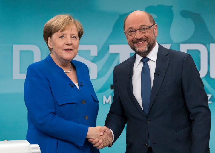Angela Merkel, kanslari Þýskalands, mætti Martin Schultz í kappræðum í gærkvöldi.