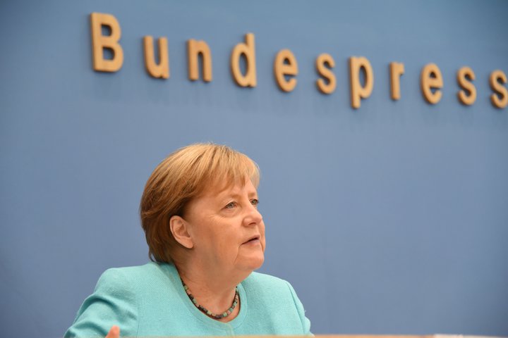 Angela Merkel á sínum síðasta sumarblaðamannafundi. Hún lætur af embætti í haust eftir 16 ára setu í embætti Þýskalandskanslara