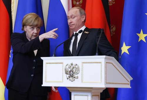 Angela Merkel, kanslari Þýskalands, ásamt Vladimír Pútín, forseta Rússlands.