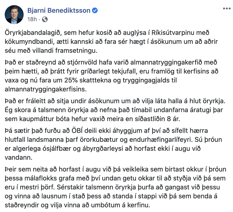 Skjáskot af Facebook-færslu ráðherrans